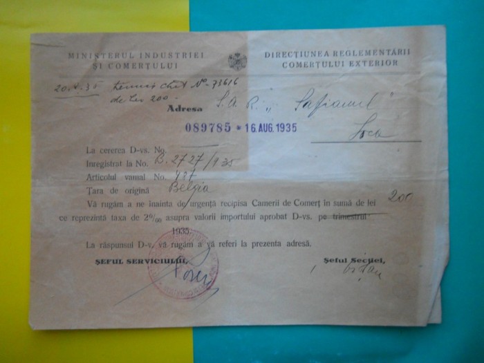 HOPCT DOCUMENT VECHI 69 - MINISTERUL INDUSTRIEI COMERT EXTERIOR /BUCURESTI 1935