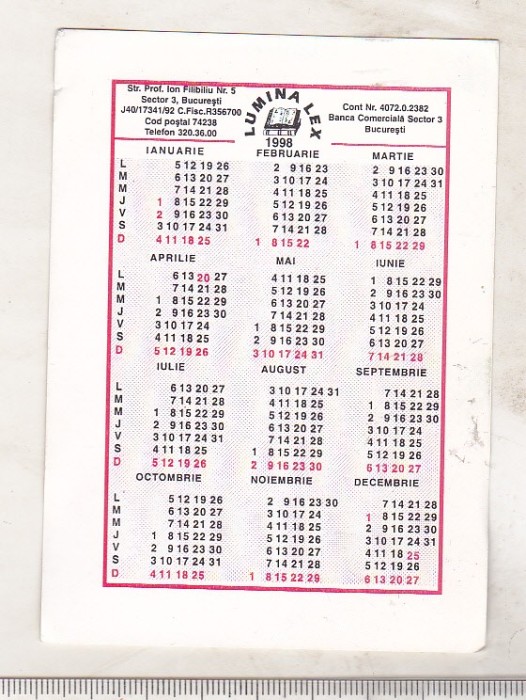 bnk cld Calendar de buzunar 1998 - Lumina Lex