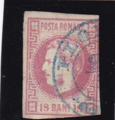 ROMANIA 1868 LP 24 CAROL I CU FAVORITI VAL. 18 BANI CARMIN STAMPILAT foto