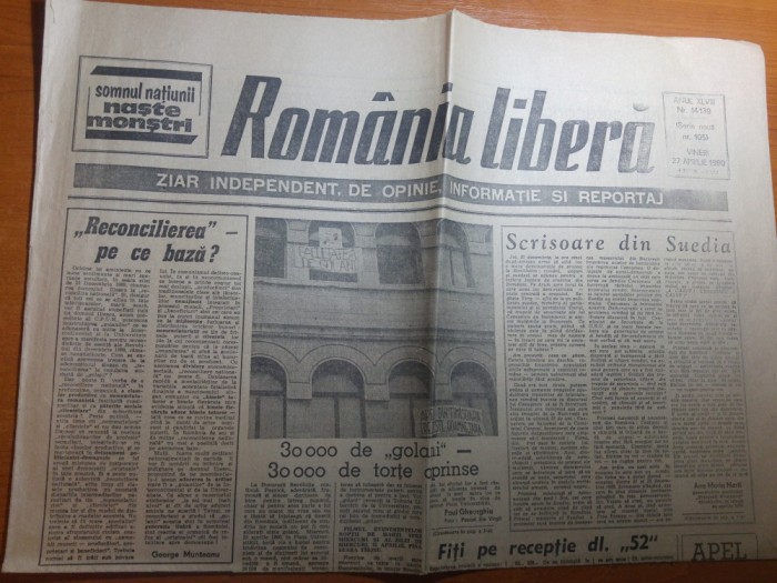 ziarul romania libera 27 aprilie 1990-manifestatie in piata cu 30000 de oameni