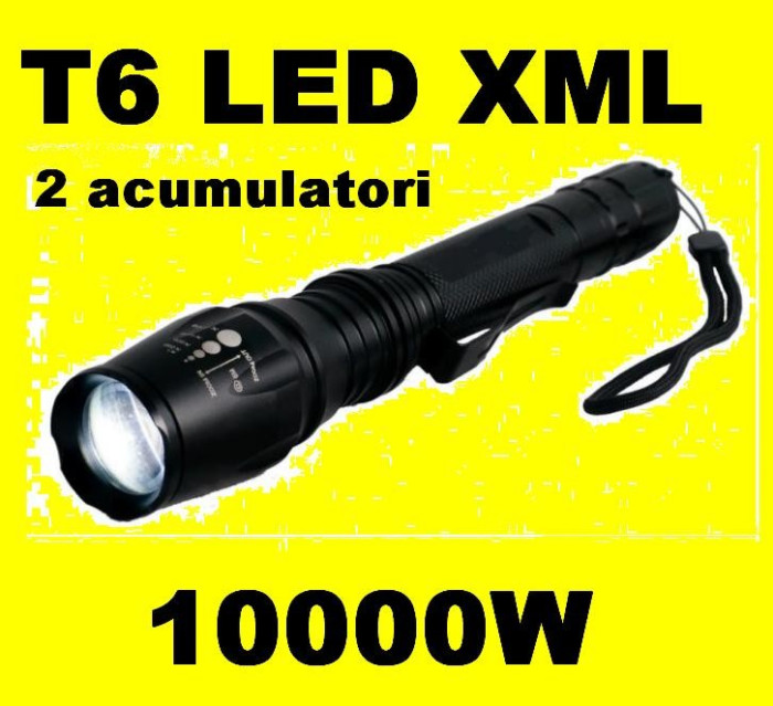 Lanterna LED CREE XML T6 cu 2 acumulatori 5 faze + zoom, incarcator ap si auto