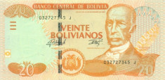 BOLIVIA ? bancnota ? 20 Bolivianos ? 1986 (2015) ? Serie J ? UNC ? necirculata foto