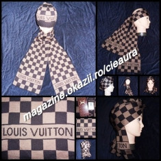 SET 2 in1 FULAR + FES UNISEX GEN FIRMA LOUIS VUITTON DAMIER EBENE 100% BUMBAC foto