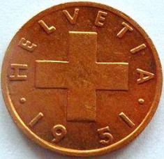 Moneda 1 Rappen - ELVETIA, anul 1951 *cod 3602 foto