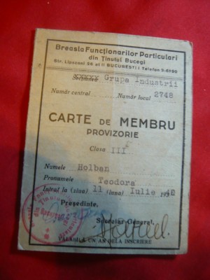 Carte Membru - Breasla Functionarilor Publici- Tinutul Bucegi -gr.Industrii 1940 foto