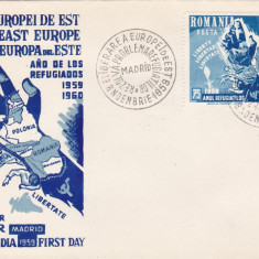 EXIL ANUL REFUGIATILOR 1959 FDC ORIGINAL PLIC EMBOSAT! PERF IN PERECHE .