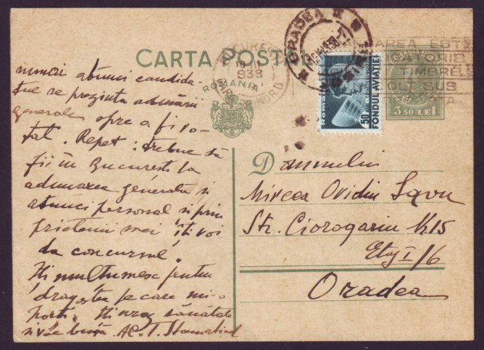 1938 CP adresata scriitorului legionar Mircea Ovidiu Savu de Al. T. Stamatiad