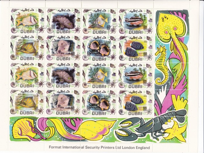 Dubai 1969 fauna pesti MI 345-52 kleib.dublu stamp. w40 Dubai 1969 fauna pesti MI 345-52 kleib.dublu stamp. w40