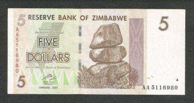 ZIMBABWE 5 DOLARI DOLLARS 2007 [2] P-66 , XF++ foto