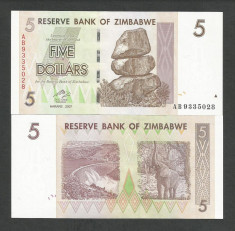 ZIMBABWE 5 DOLLARS DOLARI 2007 UNC [1] P-66 , necirculata foto