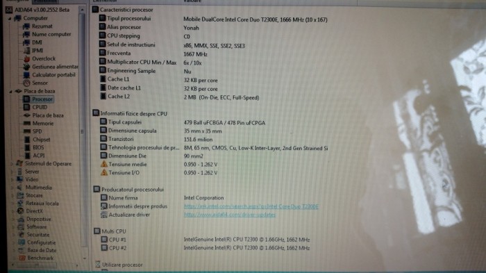 Procesor Laptop T2300E Intel Core Duo 1.66 GHz, 2M Cache, 667 MHz FSB SL9DM 31W