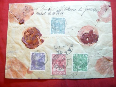 Plic valoare mare-circulat cu timbre Austria 1908 ,cu sigilii ,la Galati-700kor. foto