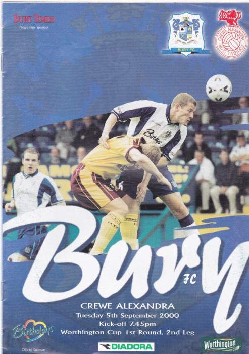 Program meci fotbal FC BURY - CREWE ALEXANDRA 05.09.2000 (Anglia)