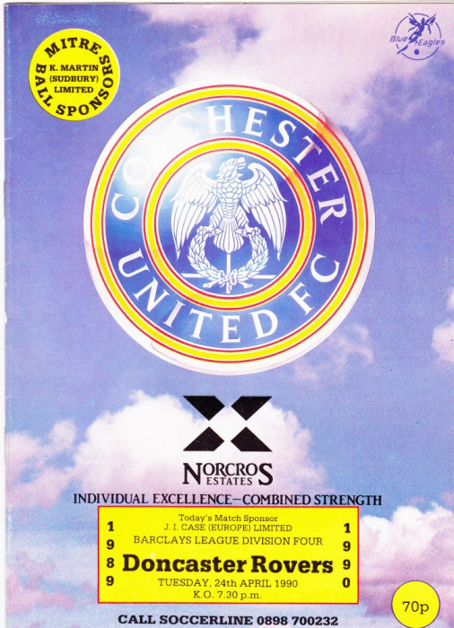 Program meci fotbal COLCHESTER UNITED - DONCASTER ROVERS 24.04.1990 (Anglia)
