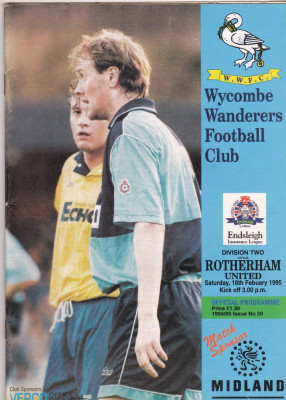 Program meci fotbal WYCOMBE WANDERERS FC - ROTHERHAM UNITED 18.02.1995(Anglia) foto