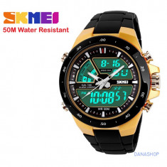 Ceas SKMEI Subacvatic WR 50 m, Alarma Data Cronometru Multi Time Lumina LED Gold foto