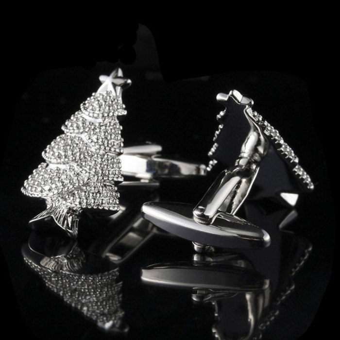 Butoni camasa model CHRISTMAS TREE argintii + cutie simpla cadou