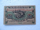 BANCNOTA de LEMN 50 Heller 1920 Austria Notgeld Hadersfeld im Wienerwald RAR