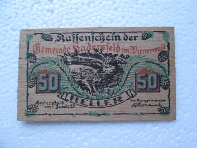 BANCNOTA de LEMN 50 Heller 1920 Austria Notgeld Hadersfeld im Wienerwald RAR foto
