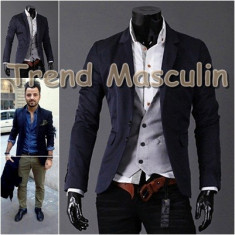 Sacou Blazer Barbati Casual Cambrat Slim Bleumarin 2 Nasturi foto