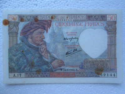 50 Francs 1940 Franta bancnota franci / seria 69144 foto