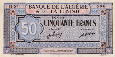 Bancnota 50 francs, franci Algeria si Tunisia 1949 - aUNC foto