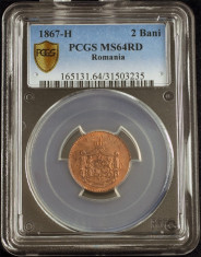 ROMANIA - 2 BANI 1867 HEATON - MS 64 RD PCGS - PROOF - RAR - MONEDA DE COLECTIE foto