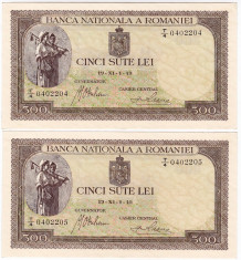 3) Lot 2 bucati bancnote 500 lei 1940, SERII CONSECUTIVE,UNC. NECIRCULATE foto