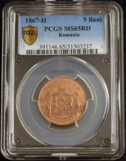 ROMANIA - 5 BANI 1867 HEATON - MS 65 RD PCGS - PROOF - RAR - MONEDA DE COLECTIE foto