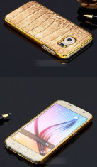 husa SAMSUNG GALAXY S6 cromata margini aurii gold cu design piele crocodil 2016 foto