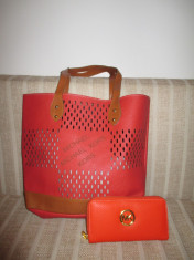 Set geanta si portofel rosii MK Michael Kors + CADOU foto
