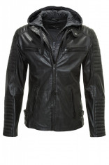 Geaca de Piele Barbati Freaky Nation Neagra Motorhood foto