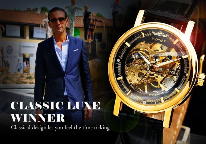 Ceas MECANIC de mana barbatesc AUTOMATIC de lux NOU, auriu, piele elegant, cadou foto mare Ceas MECANIC de mana barbatesc AUTOMATIC de lux NOU, auriu, piele elegant, cadou foto mare