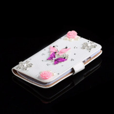 husa Motorola Moto X 2nd Gen portofel carte flip cu strasuri flori fluturi inima foto