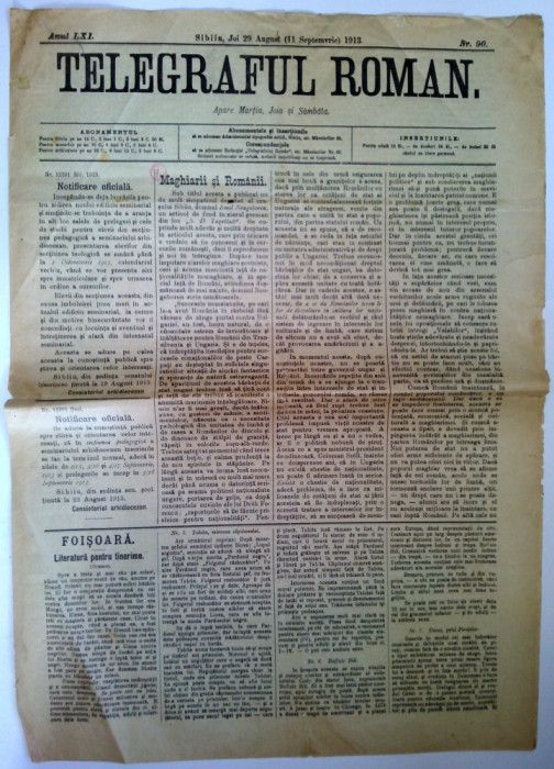 Ziar antebelic TELEGRAFUL ROMAN Nr. 117 Sibiu 1913 - anunturi, reclame