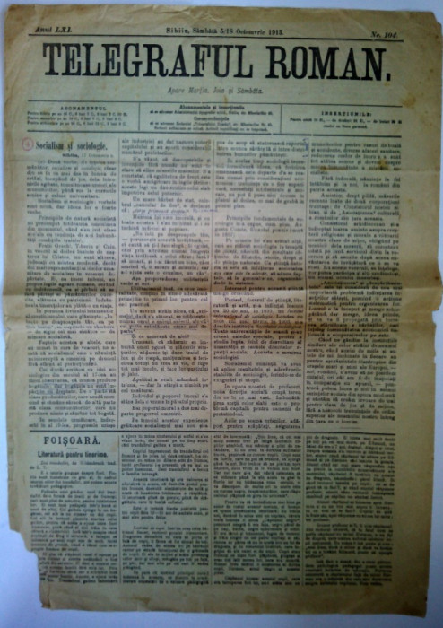 Ziar antebelic TELEGRAFUL ROMAN Nr. 104 Sibiu 1913 - anunturi, reclame
