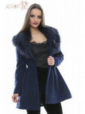 Palton dama, stofa, guler amplu cu blana, bleumarin foto
