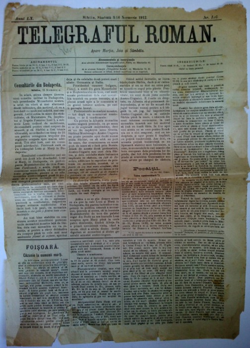 Ziar antebelic TELEGRAFUL ROMAN Nr. 116 Sibiu 1912 - anunturi, reclame Ziar antebelic TELEGRAFUL ROMAN Nr. 116 Sibiu 1912 - anunturi, reclame