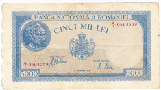 1)Bancnota 5000 lei 28 septembrie 1943 VF+ portret Traian+Decebal foto