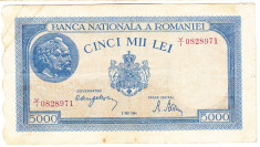 3)Bancnota 5000 lei 2 mai 1944 VF , portret Traian+Decebal foto
