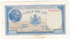 3)Bancnota 5000 lei 28 septembrie 1943 VF+ portret Traian+Decebal foto
