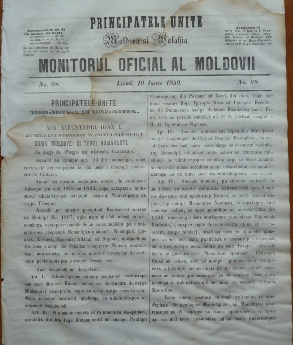 Principatele Unite , Monitorul oficial al Moldovii , Iasi , nr. 68 , 1859