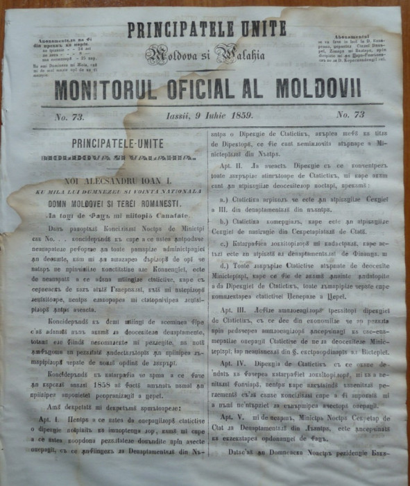 Principatele Unite , Monitorul oficial al Moldovii , Iasi , nr. 73 , 1859