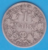 (10) MONEDA DIN ARGINT GERMANIA - 1 MARK 1875, LIT. D, PURITATE 900, NECURATATA, Europa