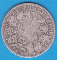 (1) MONEDA DIN ARGINT GERMANIA - 1 MARK 1875, LIT. H, PURITATE 900, NECURATATA
