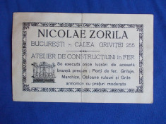 RECLAMA INTERBELICA * NICOLAE ZORILA :ATELIER DE CONSTRUCTIUNI IN FER -BUCURESTI foto