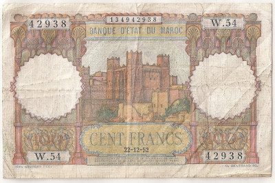 MAROC 100 FRANCI FRANCS 1952 U foto