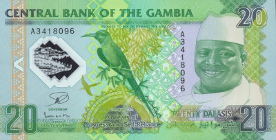 GAMBIA █ bancnota █ 20 Dalasi █ 2014 P30 █ COMEMORATIV POLYMER █ UNC necirculata foto