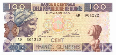 GUINEA █ bancnota █ 100 Francs █ 2012 █ P-35b █ UNC █ necirculata foto