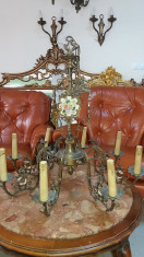 candelabru vechi unicat din bronz masiv cu ornamente portelan 8 brate foto